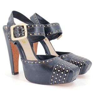 L.A.M.B. 9 Black Leather Perforated Chunky Square Toe Platform Heels Rocker Goth